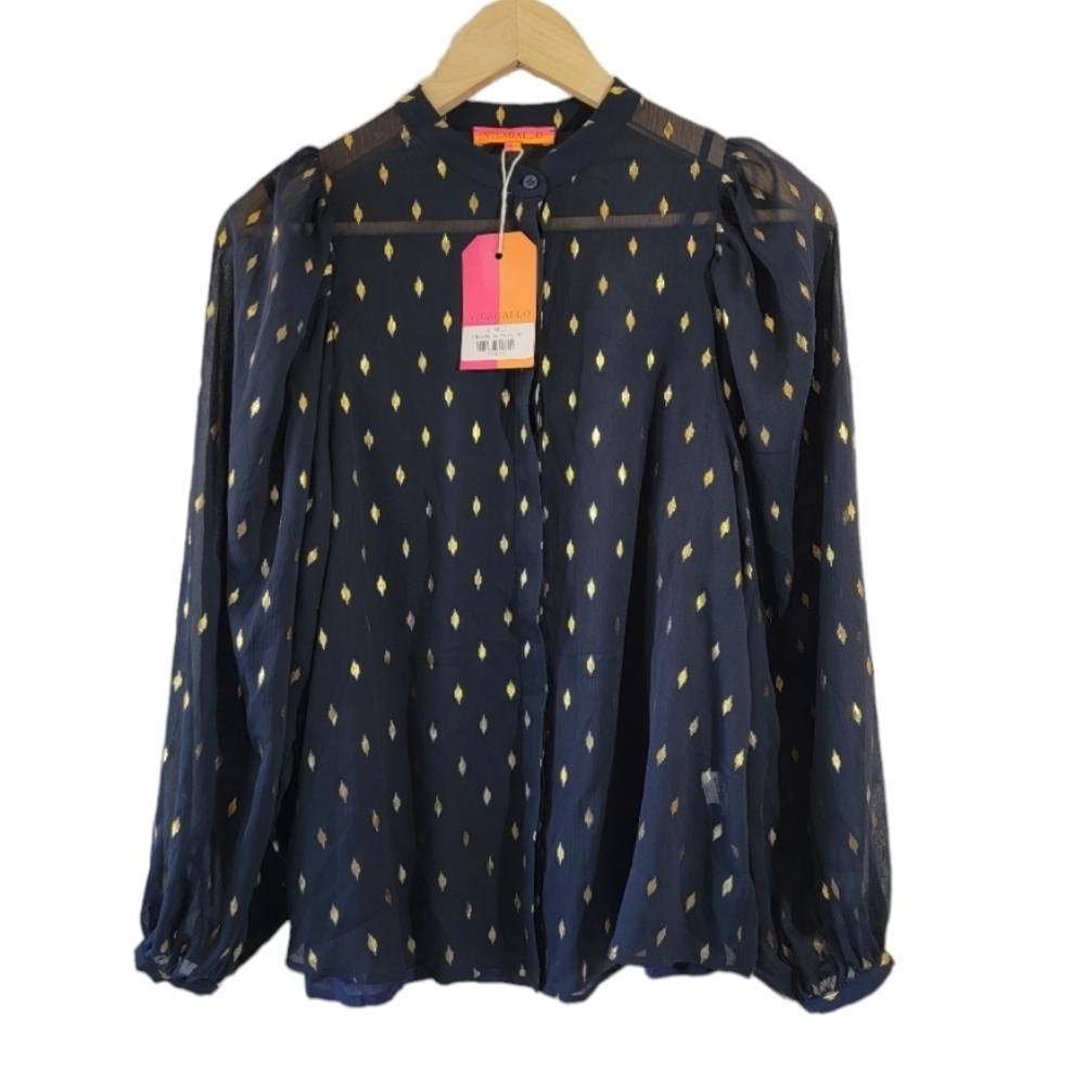 NWT VILAGALLO Edina Blouse Tank Set Sz 40 Navy Gold Puff Sleeve Minimalist Boho